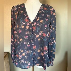 Lucky Brand Navy Gray Floral Button-Front Long Sleeve Blouse